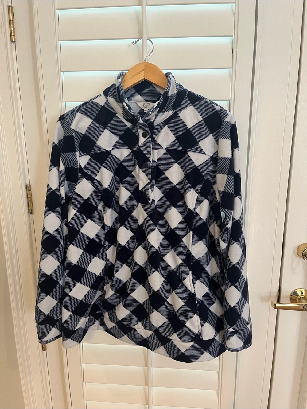 crown & ivy Navy and White Plaid Half-Snap Fleece Pullover 1X